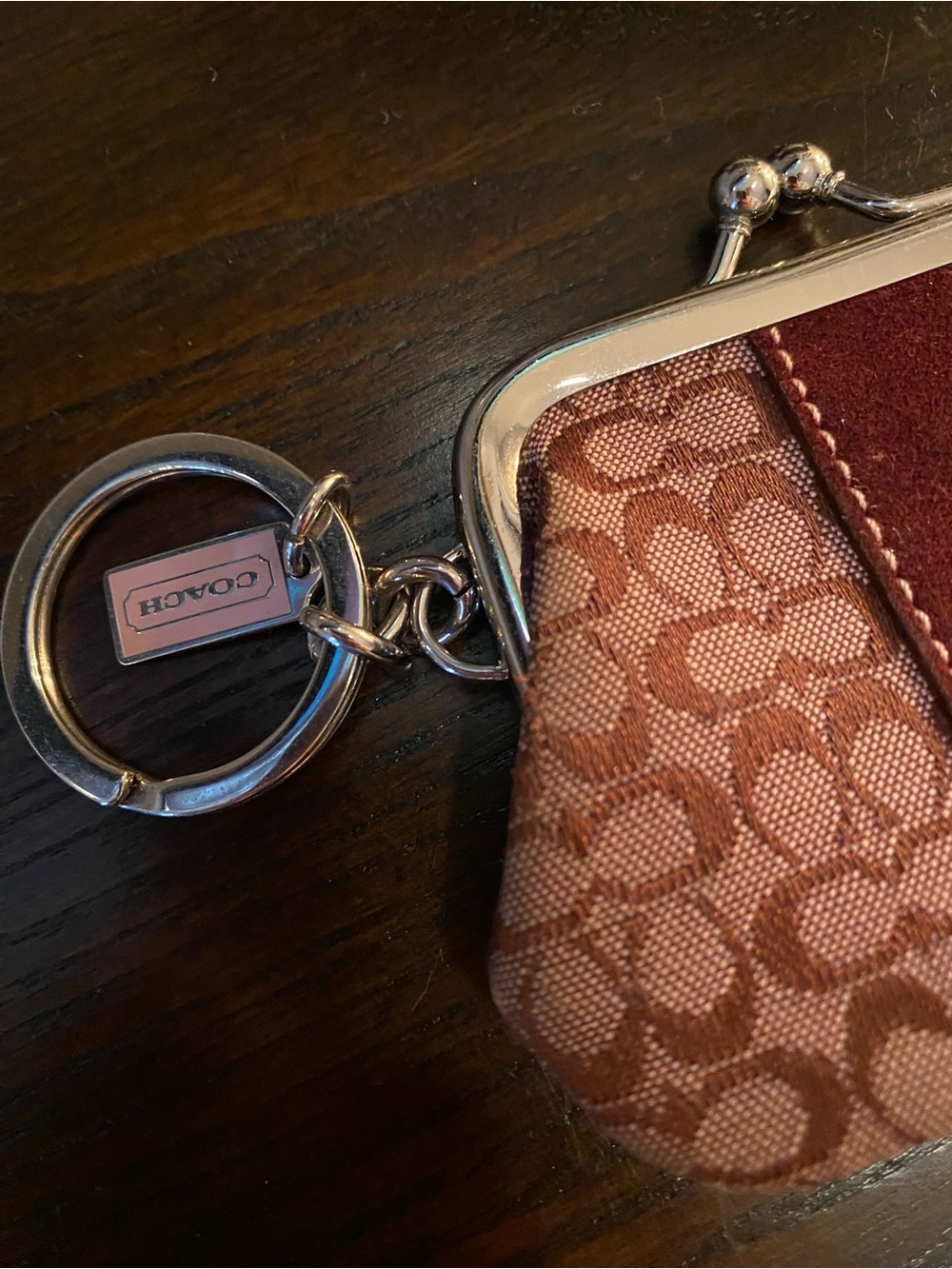 Coach Pink and Burgundy Signature Kiss-Lock Keyring Coin Purse - Picture 2 of 6